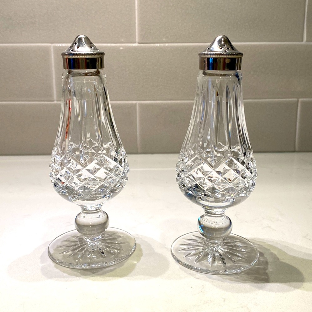 Waterford Crystal Lismore Footed Shaker set metal lids  height 6 1/8”
